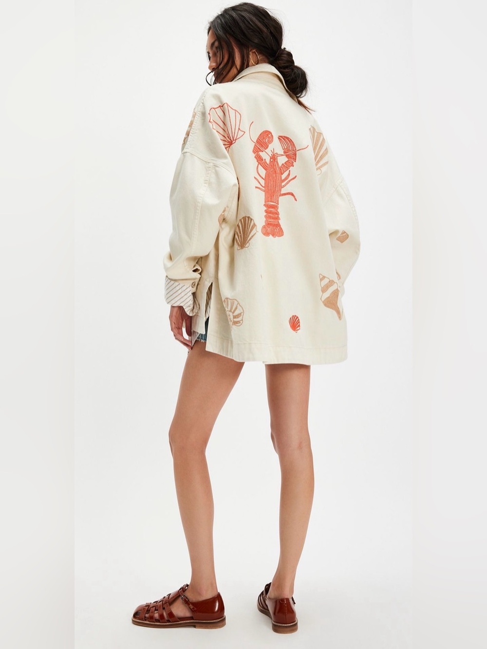 We The Free Cream Oversized Jacket with Coral Graphic Back Print